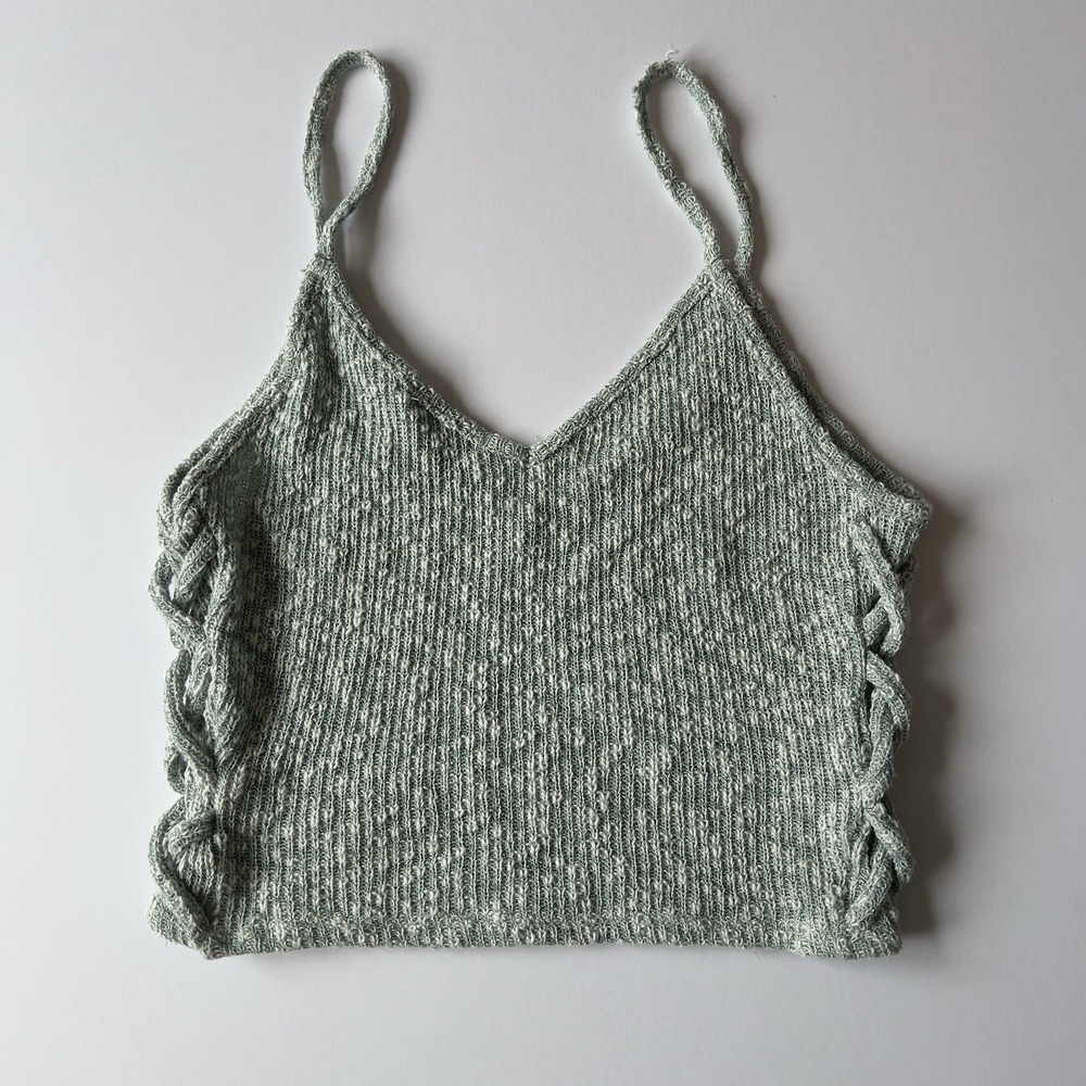 Vintage Charlotte Russe Green Knit Crop Cami Tank Top Side Lace Y2K Fairycore M - Picture 4 of 8
